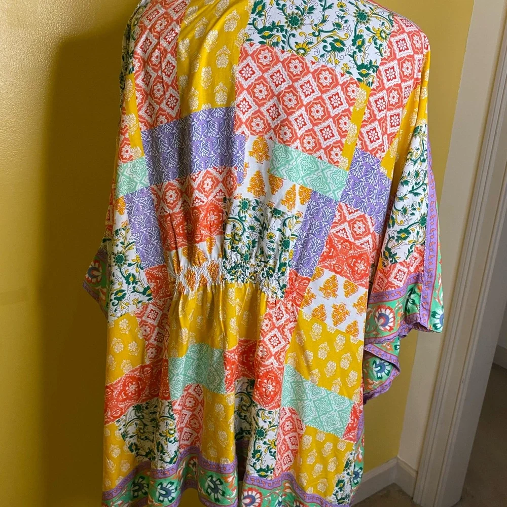 Tolani Collection, yellow, orange, floral, wide sleeve, open kimono, 1X… - Picture 2 of 3